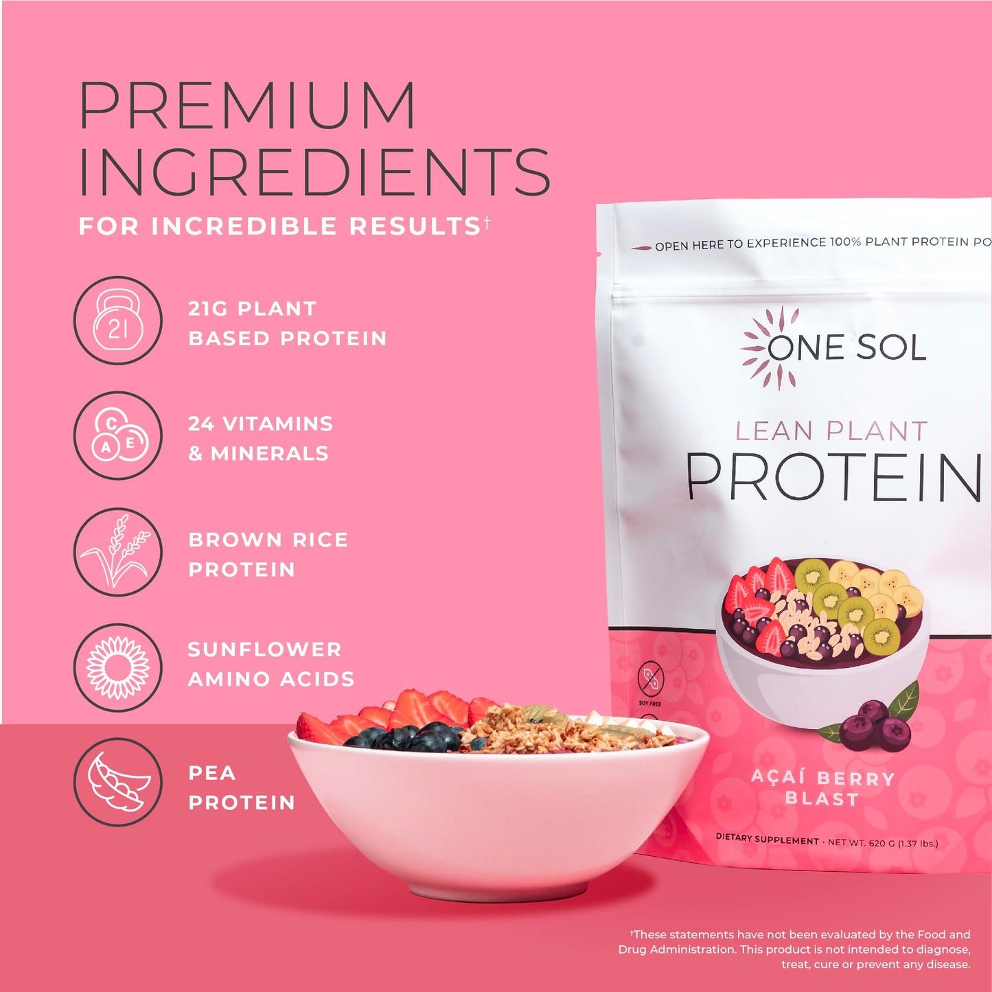One Sol Lean Plant Protein Powder, Low Carb, Acai Berry Blast, 22.2226