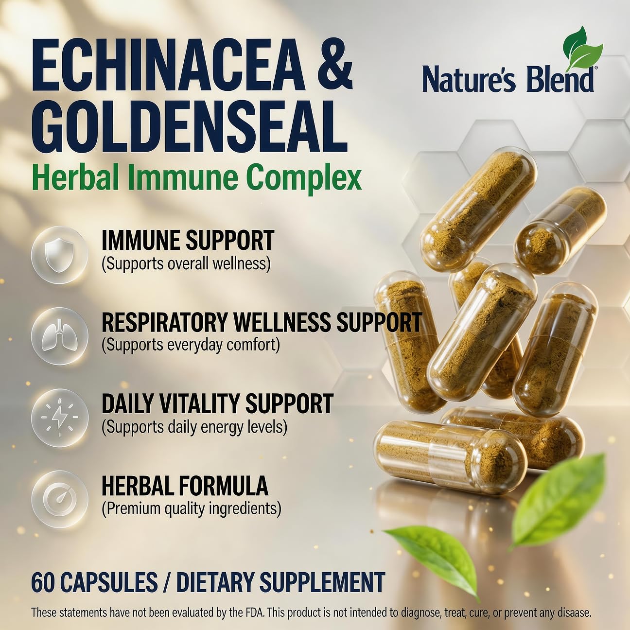 Nature's Blend Echinacea & Goldenseal Herbal Complex, Immune Support Supplement, Whole Herb & Extract Blend 60 Capsules