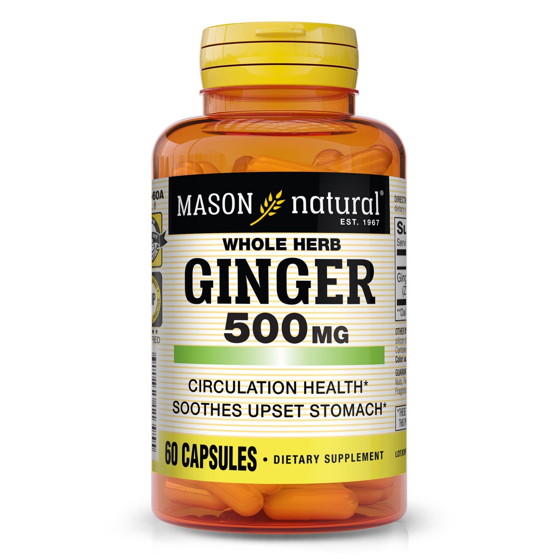 MASON NATURAL Whole Herb Ginger 500 mg Capsules, 60 Count