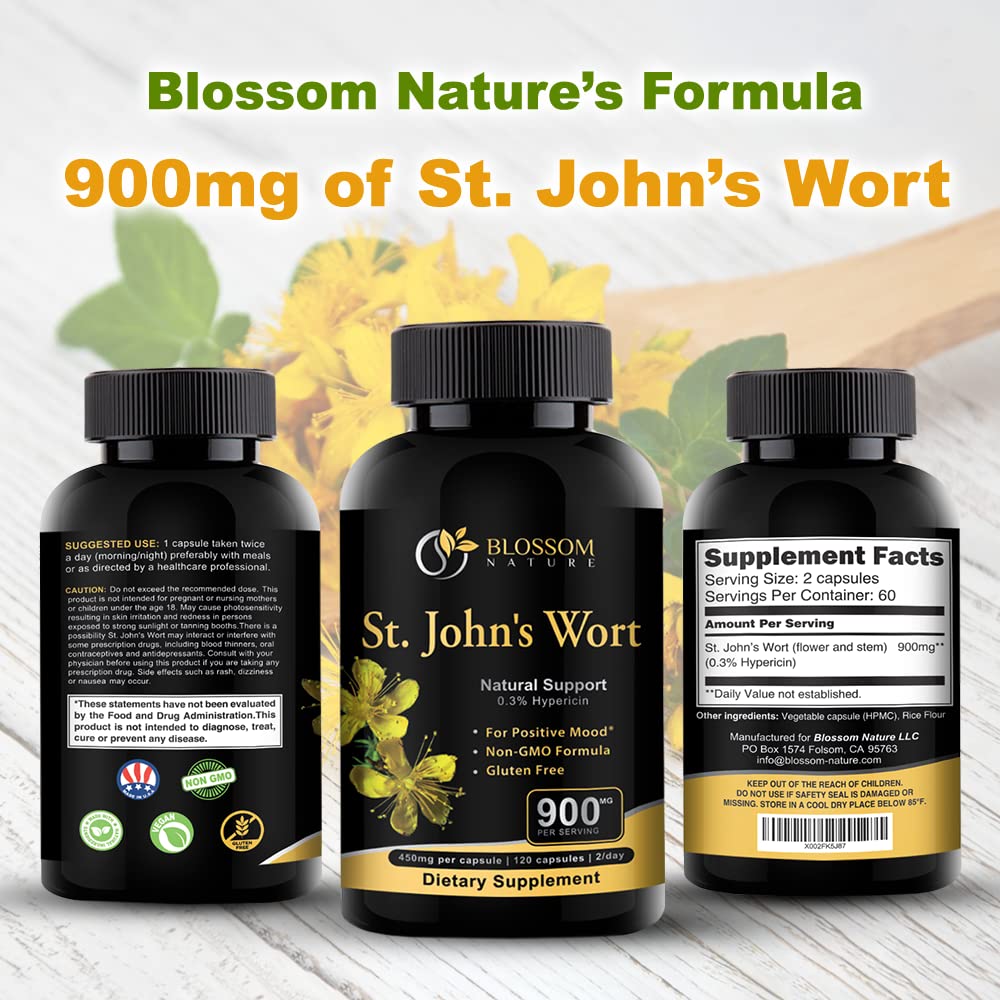 Blossom Nature St. John's Wort 900mg Mood Support Supplement Capsule, 120 Capsules