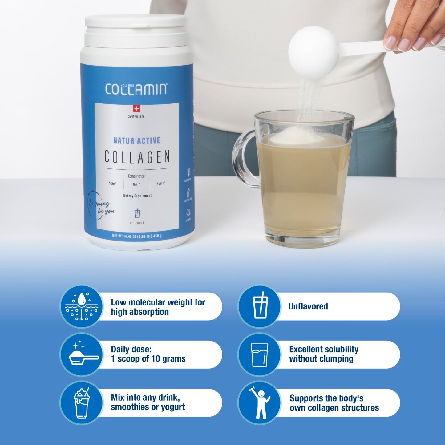 Collamin Natur’Active Hydrolyzed Collagen Peptides from Grass-Fed Swiss Bovine, Unflavored, 9.97 Ounce Powder