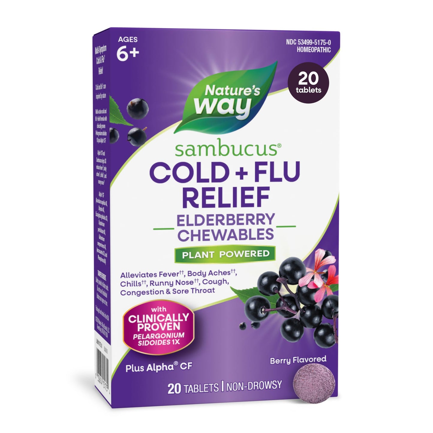 Nature's Way Sambucus Cold+Flu Relief Elderberry Chewable Tablets, 20 Count