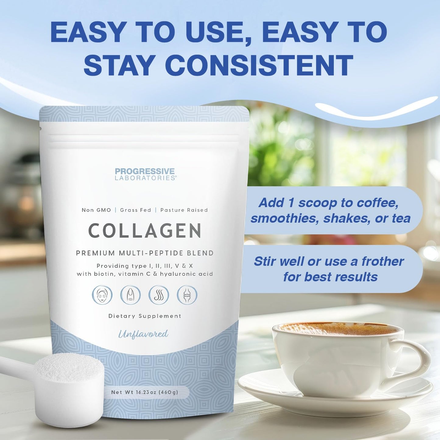 Progressive Laboratories Multi Collagen Peptides Powder – Types I, II, III, V & X with Biotin, Vitamin C & Hyaluronic Acid – Grass-Fed, Non-GMO, Unflavored Collagen Powder Supplement for Skin, Hair, Nails & Joint Support, 16.23