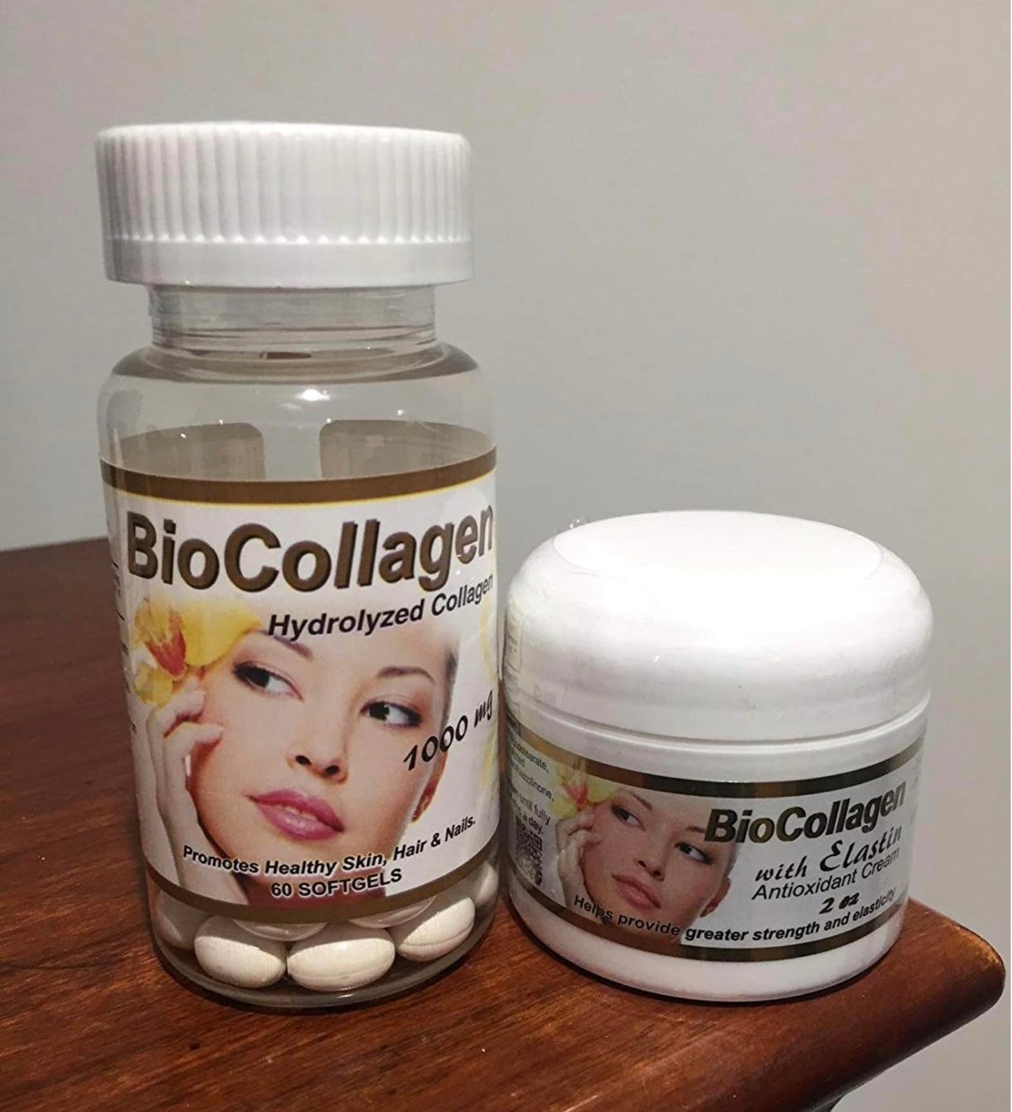 Generic Bio Collagen Hydrolyzed Collagen Softgels (1000 mg), BioCollagen with Elastin Antioxidant Cream 2 oz, Pack of 2