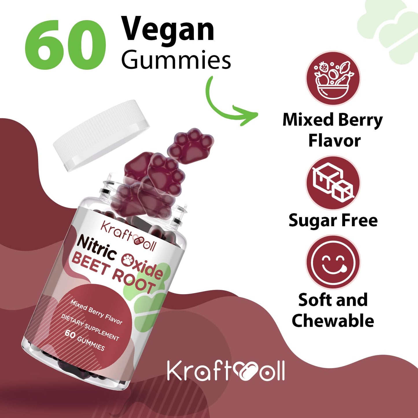 Kraftvoll Beet Root Gummies 6000mg Nitric Oxide Booster with Grape Seed, Pomegranate, Vitamins C & B12 – Mixed Berry Flavor, 60 Gummies