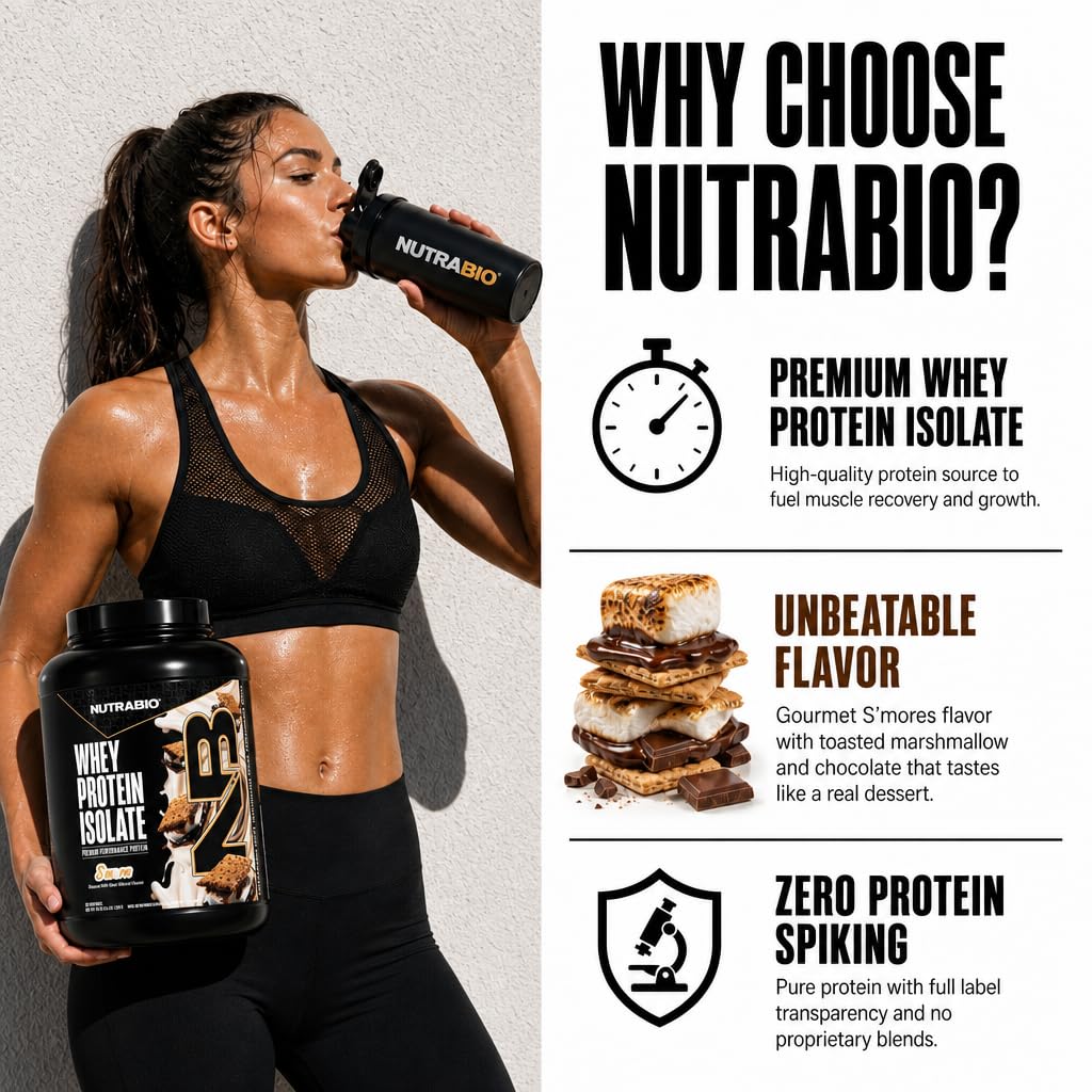 NutraBio 100% Whey Protein Isolate Protein Powder S'Mores, 55 Servings