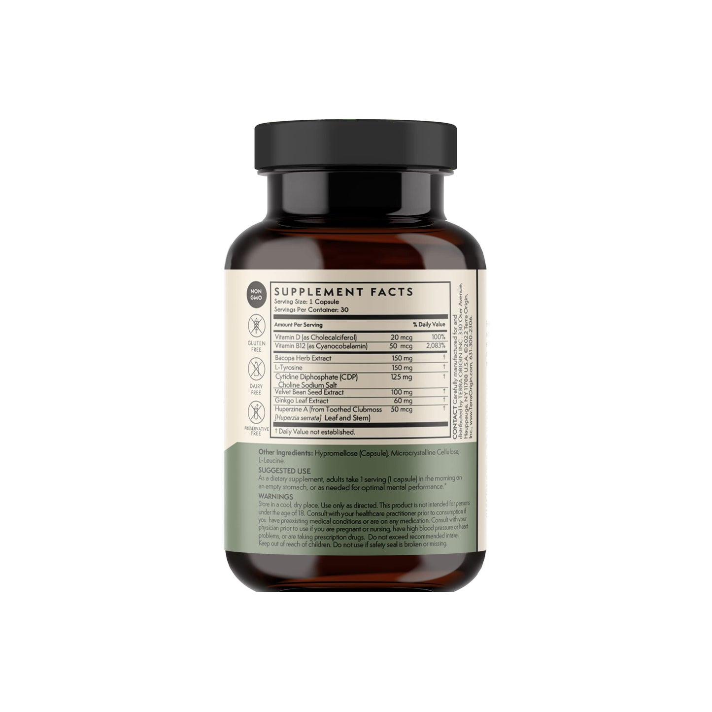 TERRA ORIGIN Healthy Mind and Memory Support Supplement Cognitive Memory Matrix Nootropic CDP, Bacopa, L-Tyrosine, Huperzine A, Ginkgo, B12 Capsule 30 Count