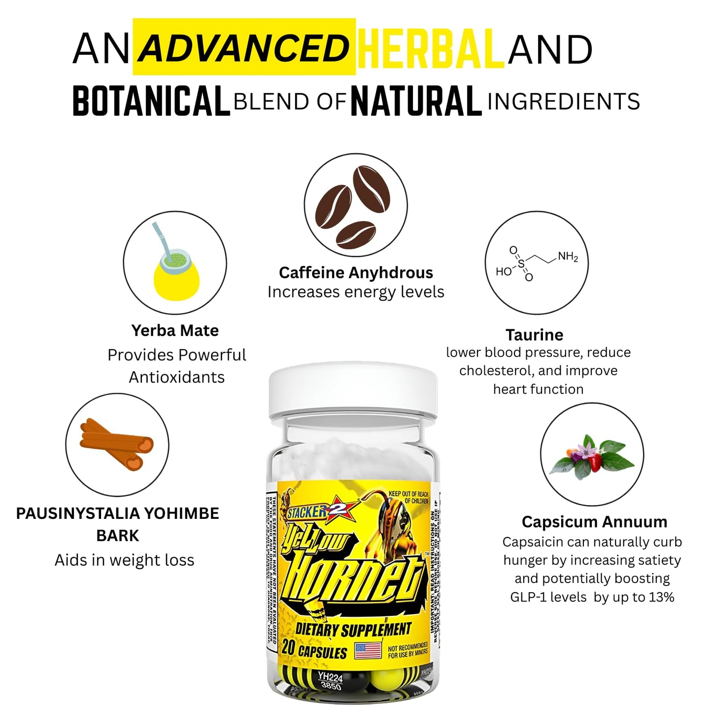 Generic Stacker 2 Yellow Hornet Herbal Dietary Supplement Capsules, 120 Count