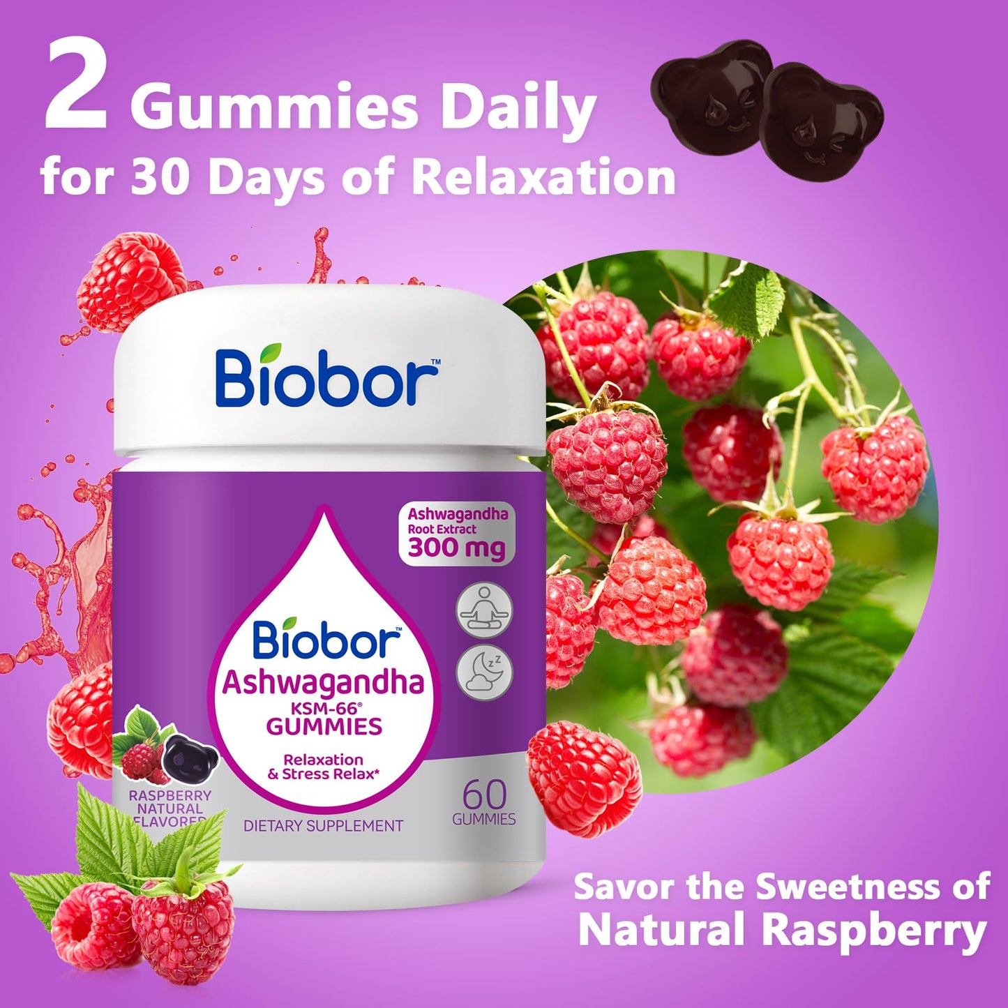 Biobor Ashwagandha Gummies with KSM-66 Ashwagandha Root Extract and Vitamin D3, Relaxation & Immune Support, 120 Count