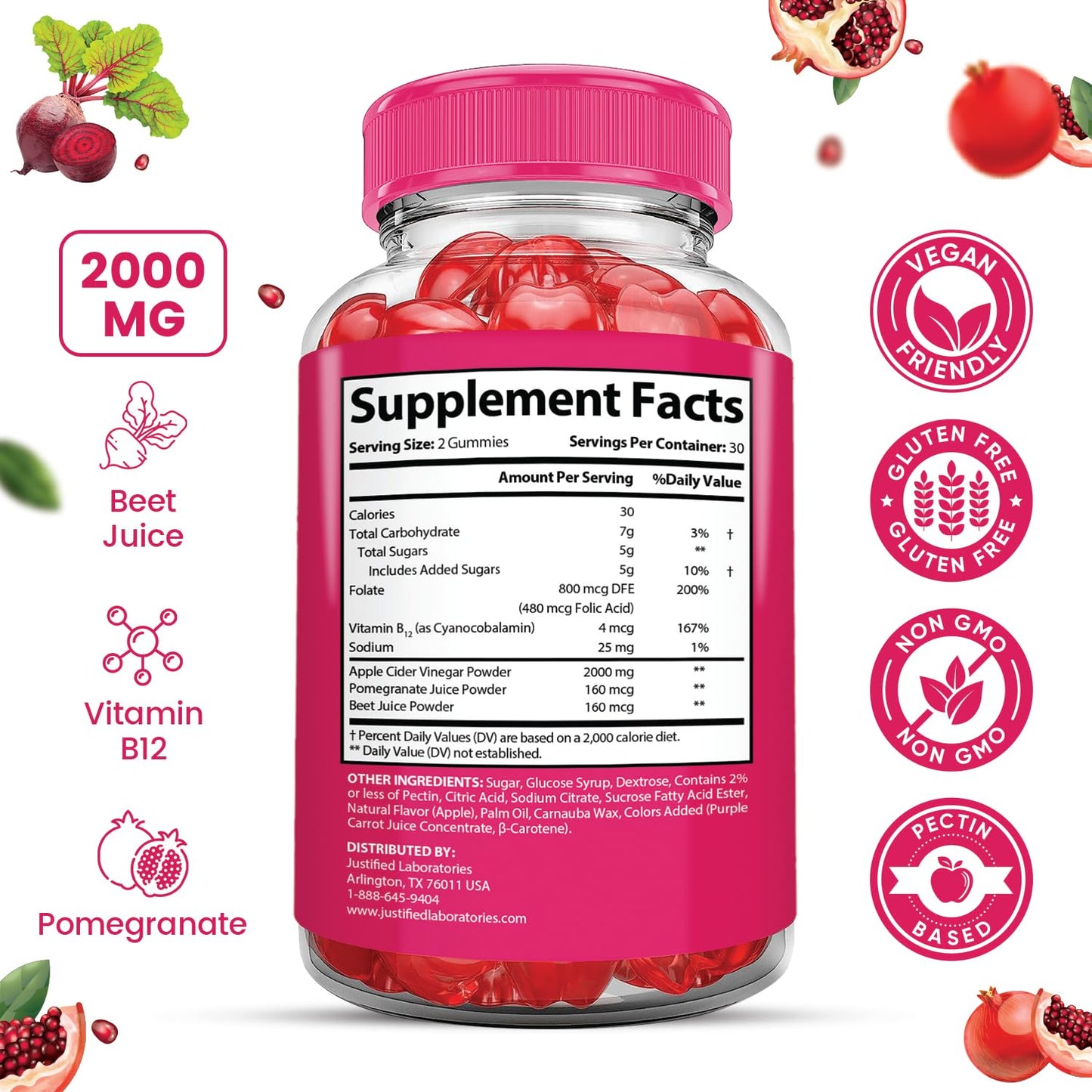 Justified Laboratories Lipo Bites ACV Gummies Extreme 2000MG Formula, Apple Cider Vinegar Chewies with Pomegranate Beet Juice Powder, B12, Vegan, Non-GMO, 60 Gummies