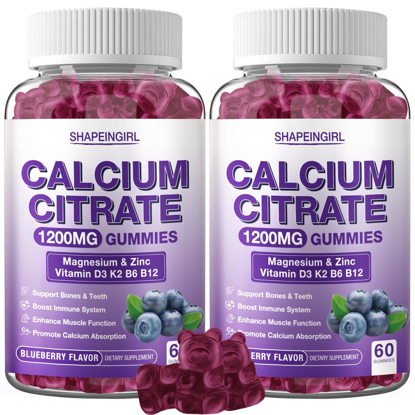 SHAPEINGIRL 1200mg Calcium Citrate with Vitamin D3, K2, B6 & B12 Gummies, Plus Magnesium Zinc for Bones, Muscle & Immune Support, Blueberry Flavor, 120 Gummies