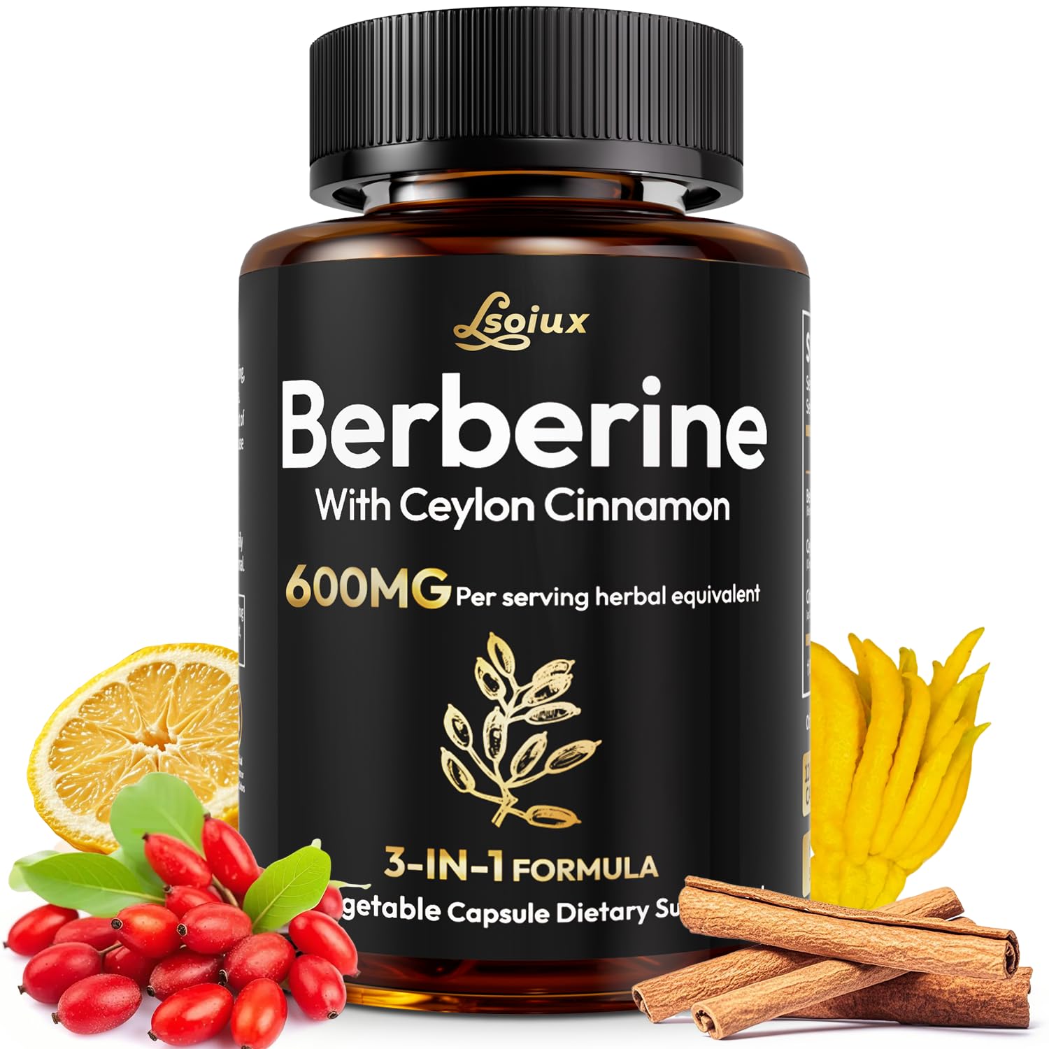 LSOIUX Berberine Supplement with Cinnamon, Liposomal Berberine for GLP-1 Lifestyle Support, 600mg Capsules, 120 Count