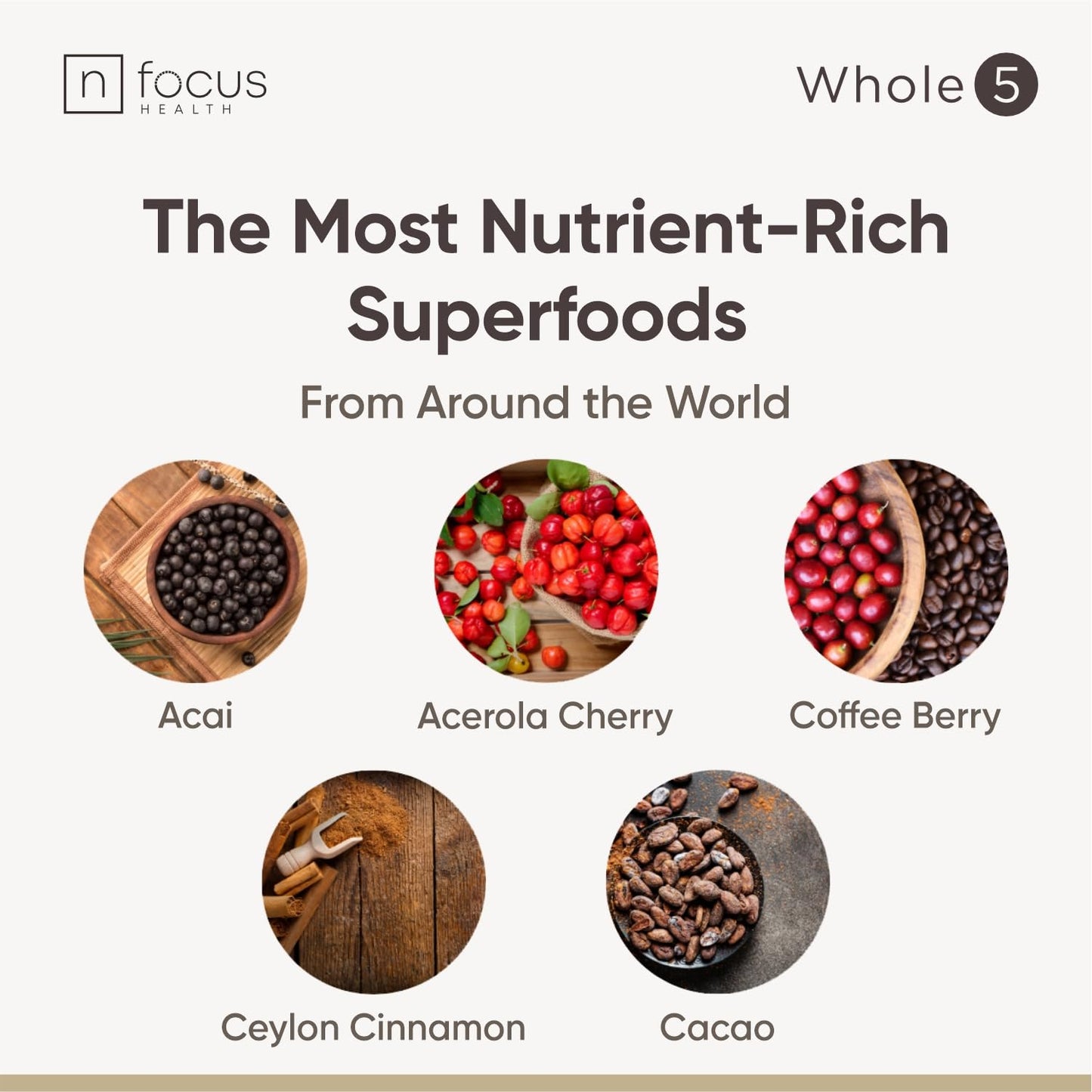 NFOCUS HEALTH Whole5 Antioxidant Superfood Powder Longevity Mix with Acai, Acerola Cherry, Coffee Fruit, Ceylon Cinnamon & Cacao - 8 oz