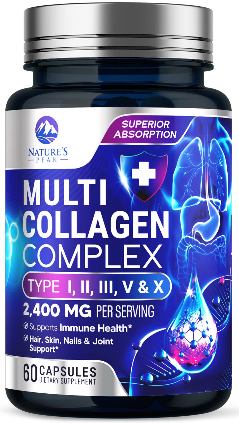 Nature's Peak Multi Collagen Peptides Supplement for Hair, Nail, Skin - Type I, II, III, V, X - Non-GMO, 60 Capsules