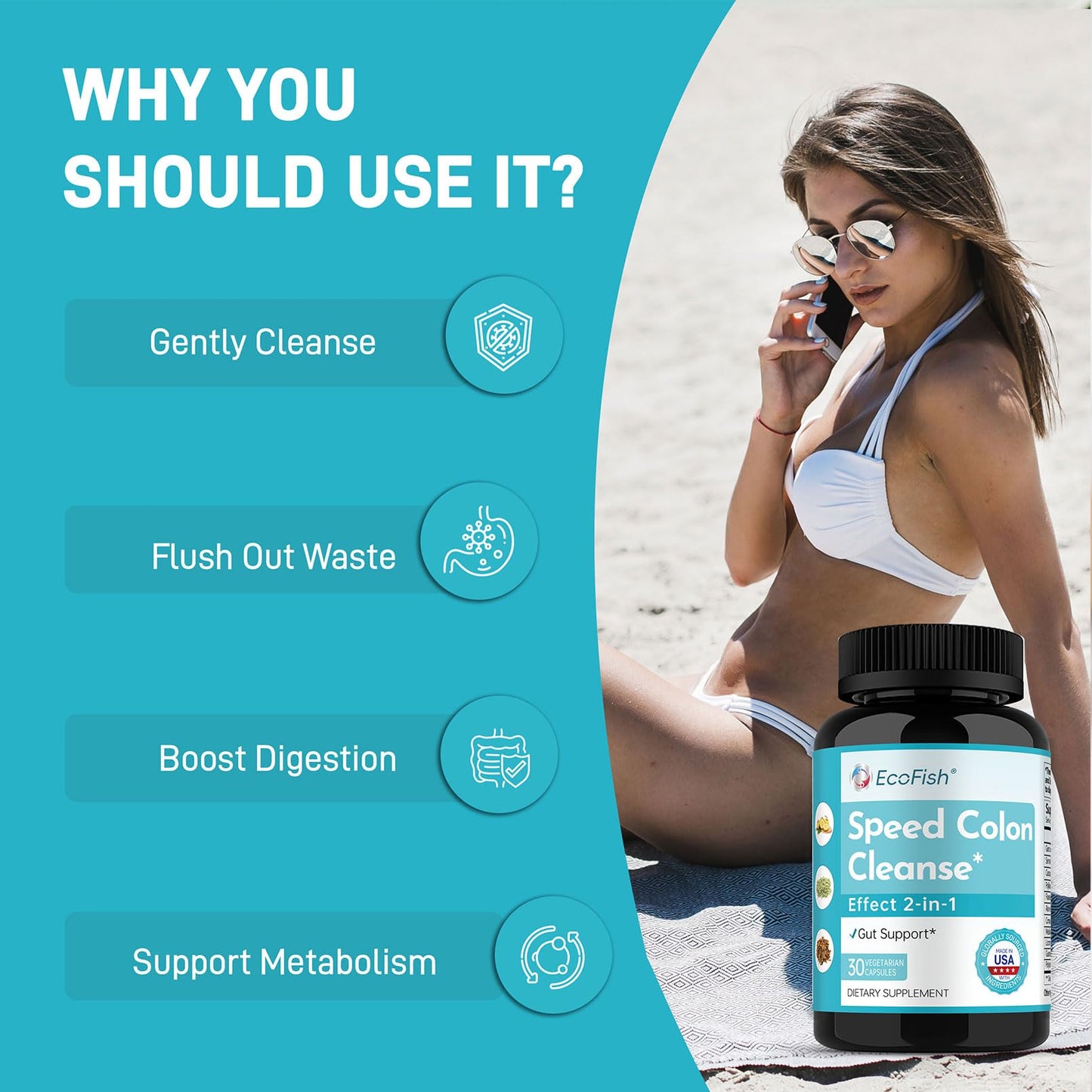 ECOFISH Natural Colon Cleanse 15 Days 2-in-1 Gut Support for Men & Women, 30 Capsules