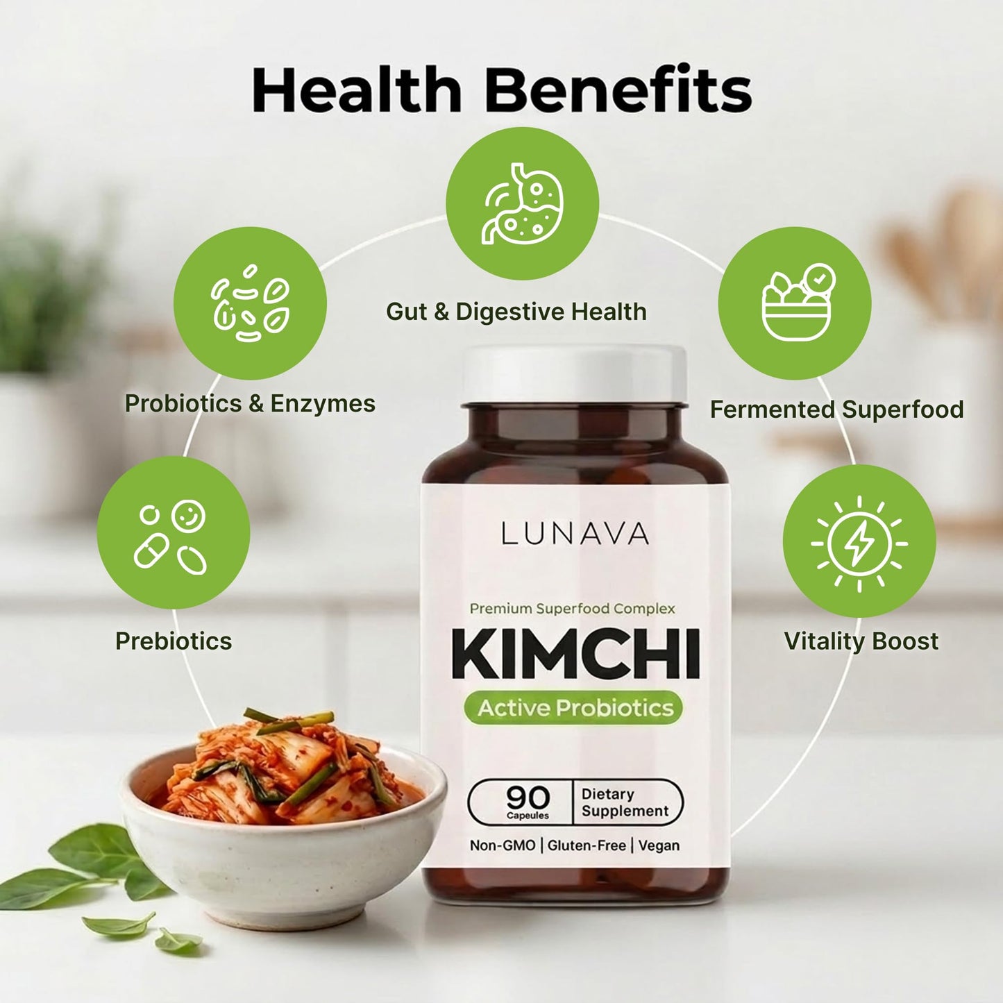 LUNAVA Kimchi Capsules with Prebiotics & Probiotics, Fermented Kimchi Superfood for Digestive & Immune Support, 90 Capsules