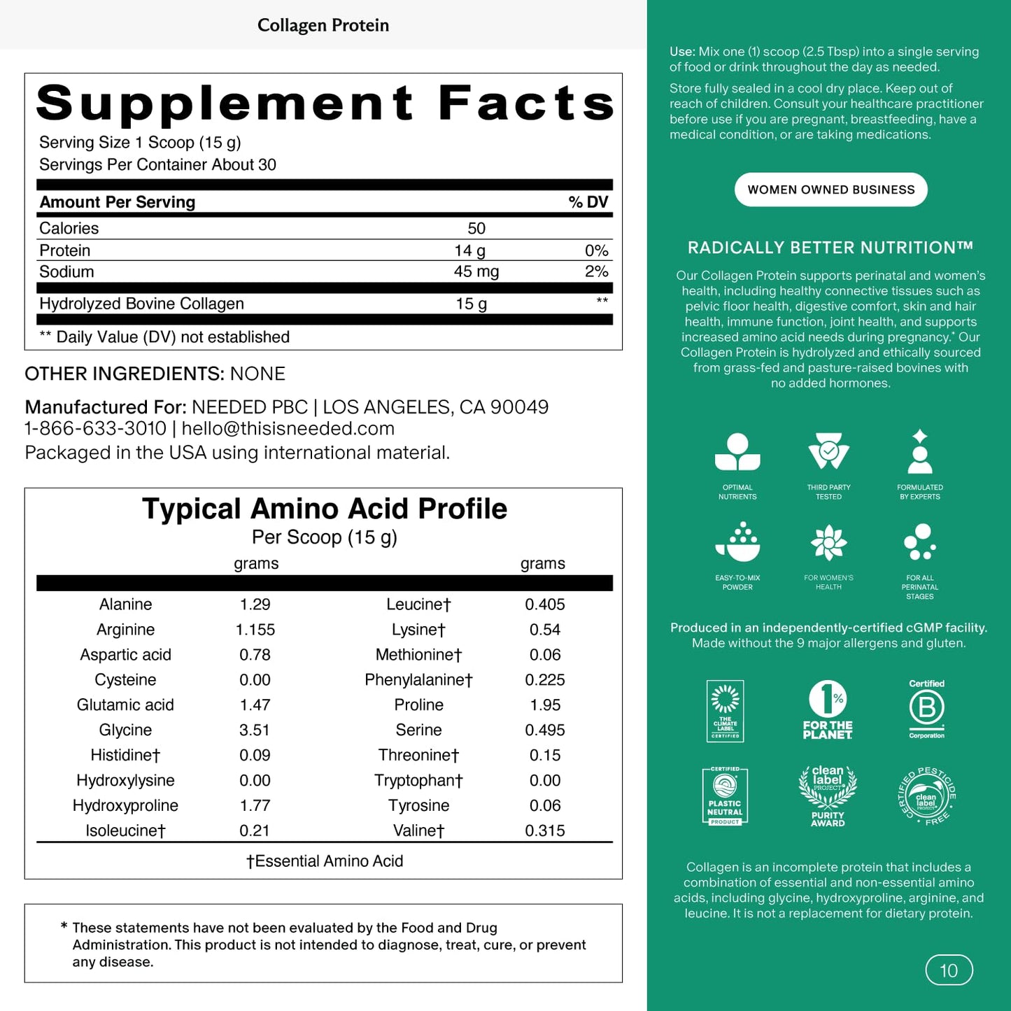 Needed Hydrolyzed Collagen Protein Powder, 16 oz