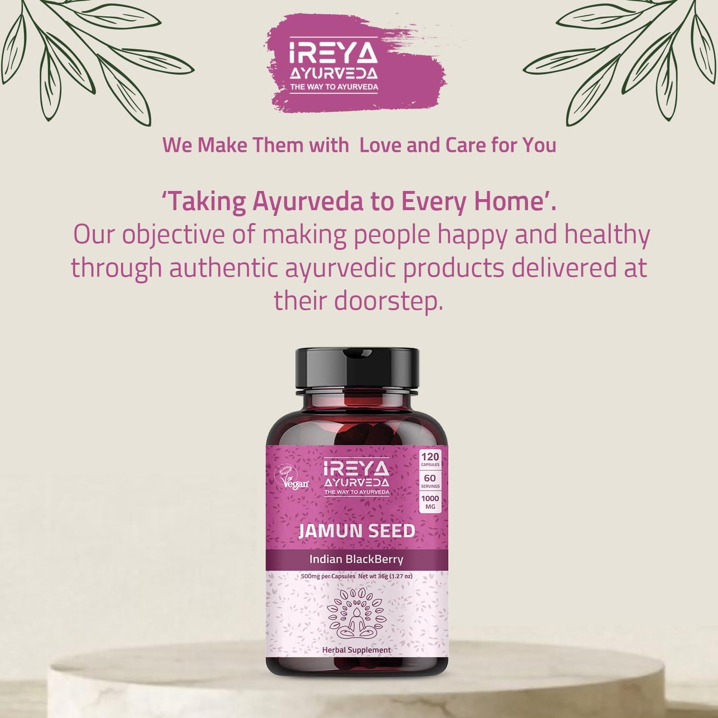 Ireya Ayurveda Jamun Seed Capsules 1000 mg, 90 Capsules