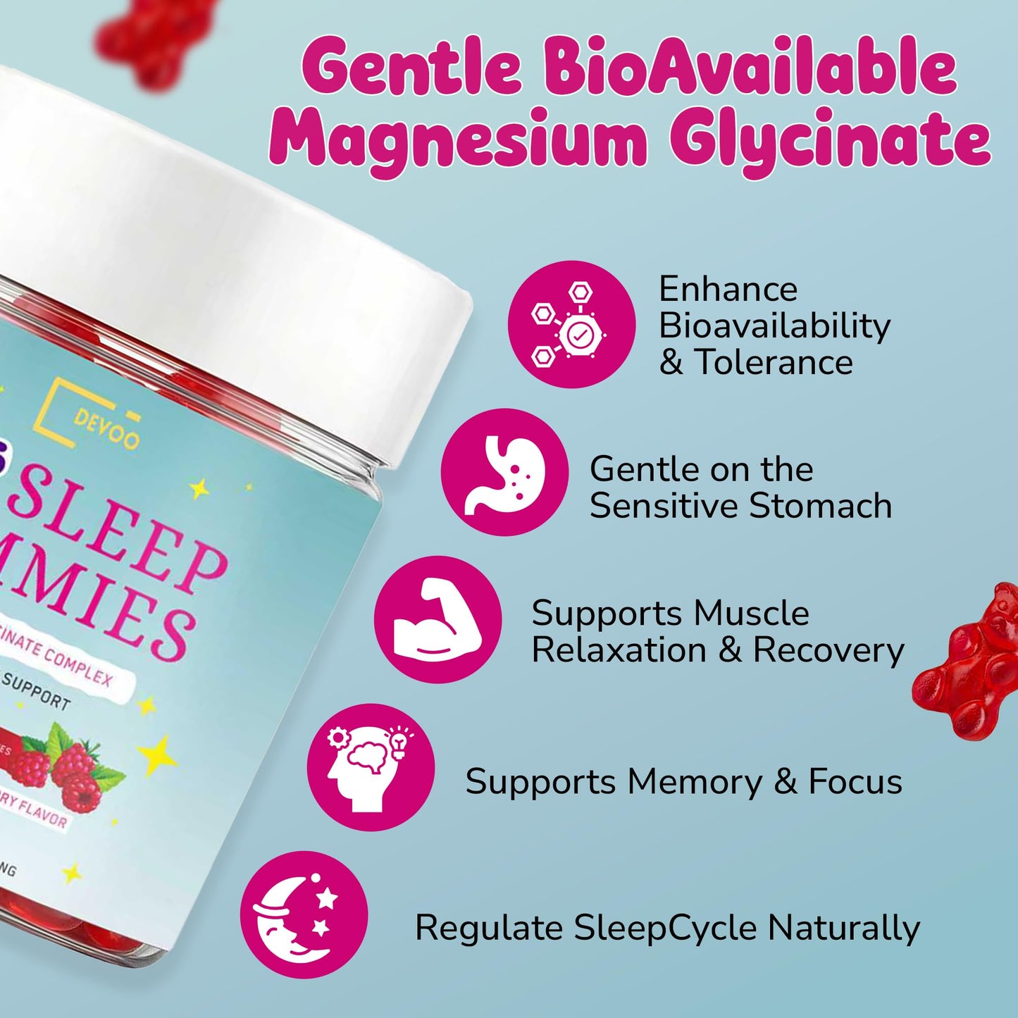Devoo Natural Sleep Gummies for Kids – Raspberry Sleep Supplement with Magnesium Glycinate, Vitamin B6, C & D3, L-Theanine & Lemon Balm, 60 Gummies