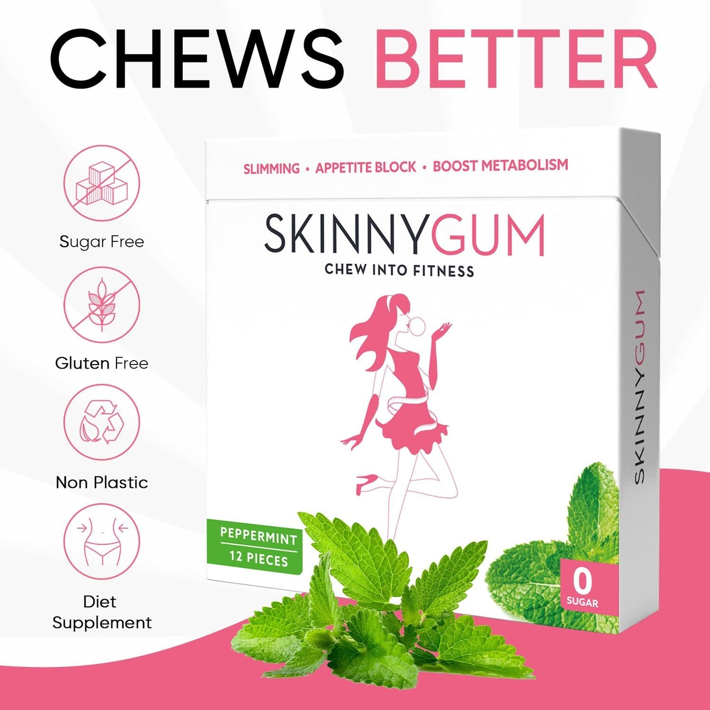 SKINNYGUM Sugar-Free Chewing Gum with Natural Mint Flavor Garcinia Cambodia, Chewable, 3