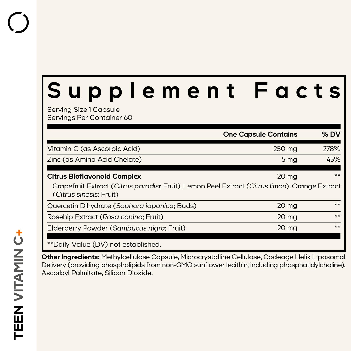 Codeage Teen Vitamin C+ Supplement Liposomal 250mg Vitamin C for Teenagers - Quercetin, Zinc, Elderberry & Rosehip Extracts, Citrus Bioflavonoids - Ages 12-18 - Gluten-Free, Non-GMO, 60 Capsules