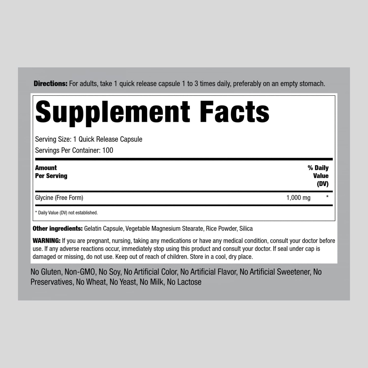 Piping Rock Glycine 1000mg Capsules, 100 Count