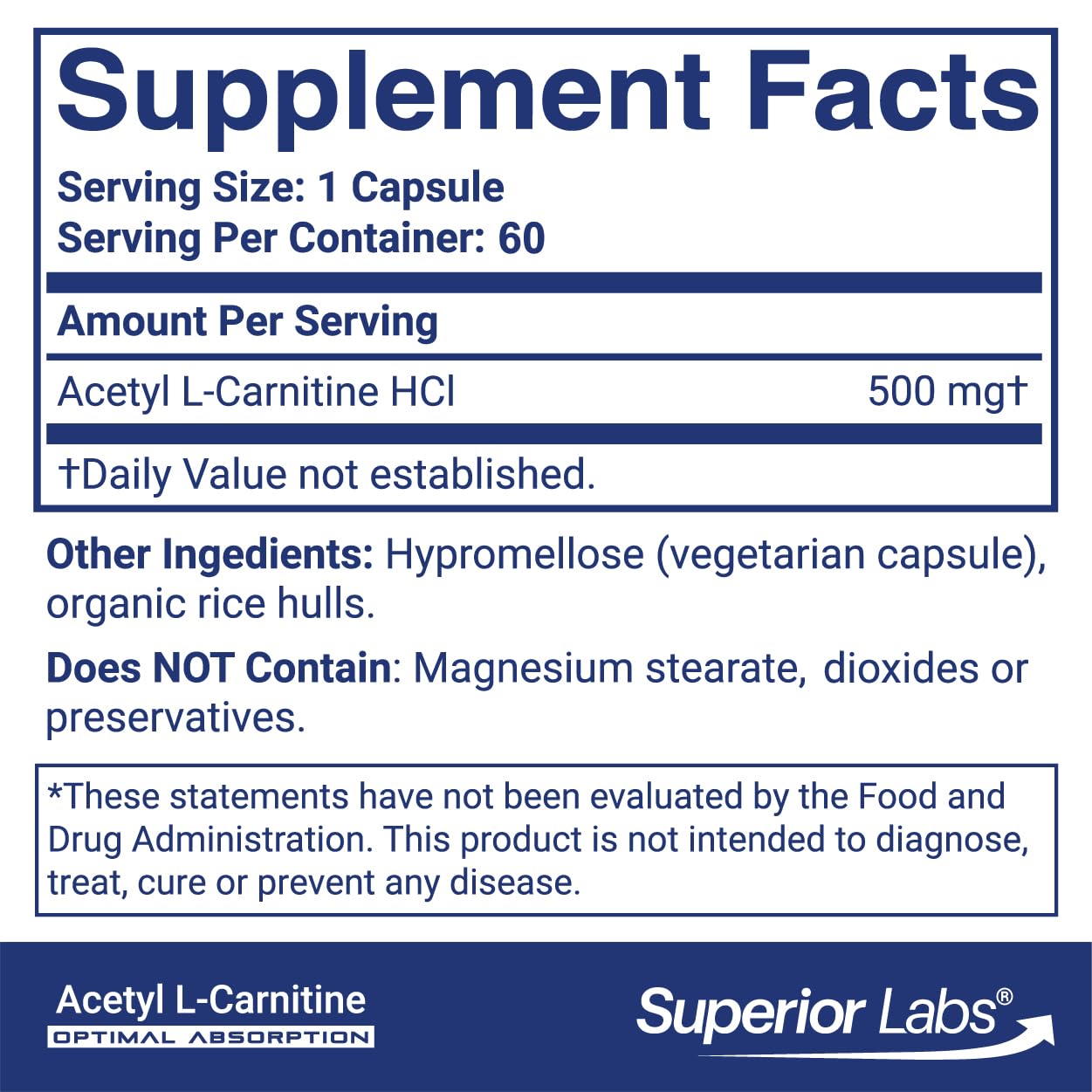 Superior Labs Acetyl L-Carnitine 500 mg Capsules, 60 Veg Caps