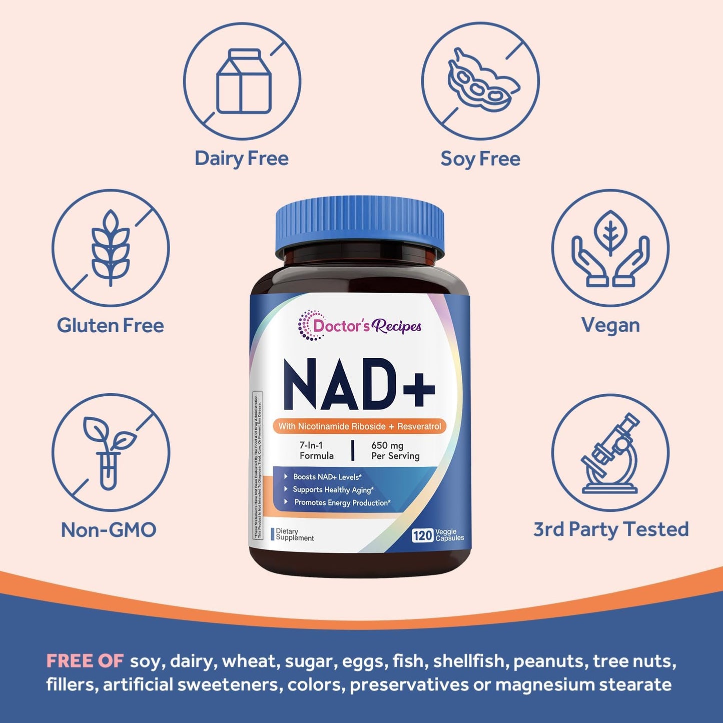 Doctor's Recipes NAD Supplement Nicotinamide Riboside Resveratrol NMN Alternative for Anti-Aging with Magnesium Glycinate & L-Tryptophan, 650mg Per Serving Energy & Mood Boost, 120 Capsules