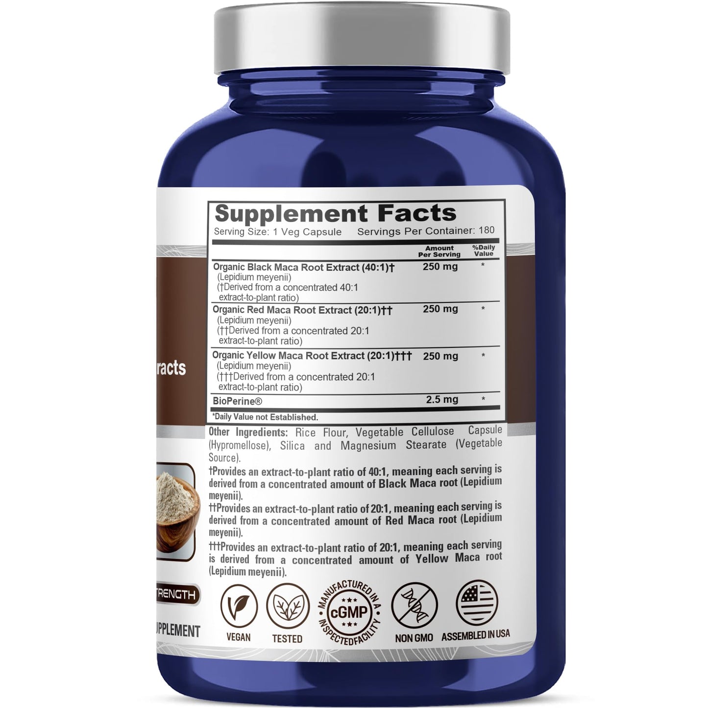NusaPure Maca Root Black, Red, Yellow Capsules 750 mg, 180 Veg Capsules