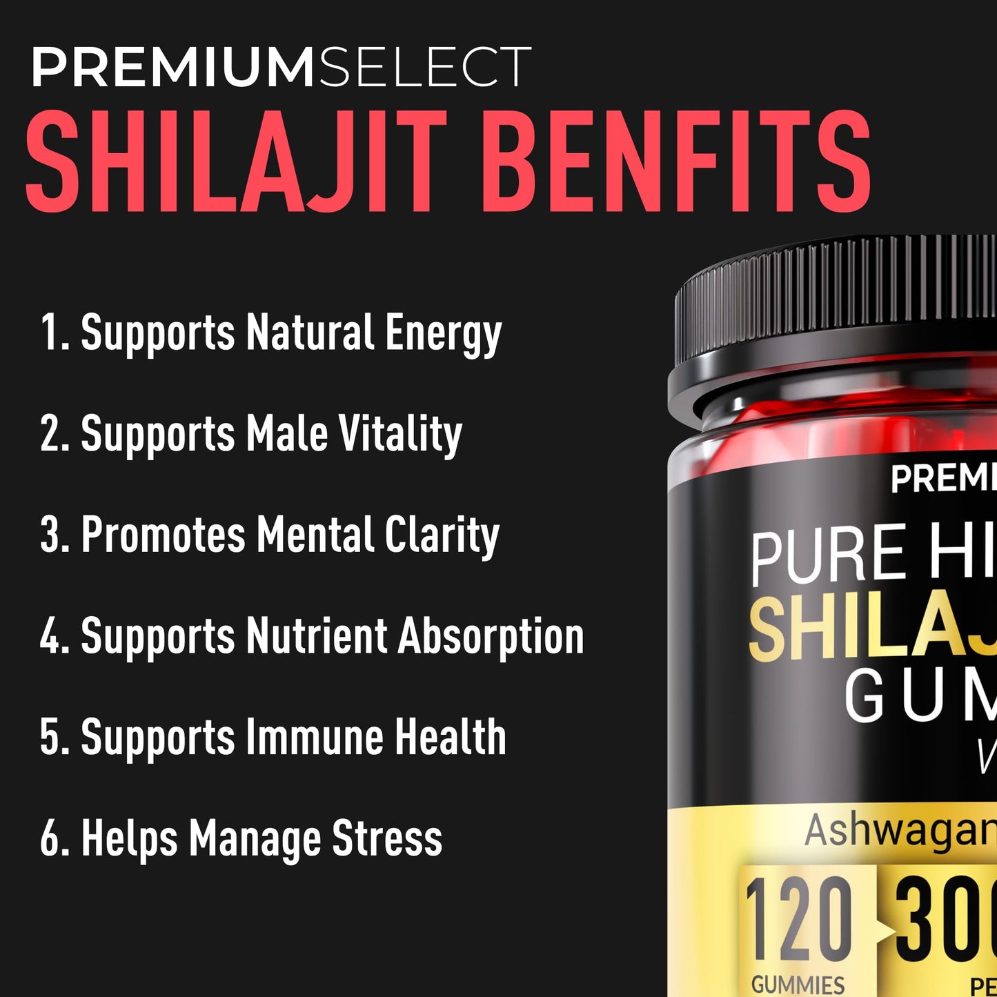 Premium Select Nutrition Shilajit Gummies for Men 3000mg, 120 Gummies