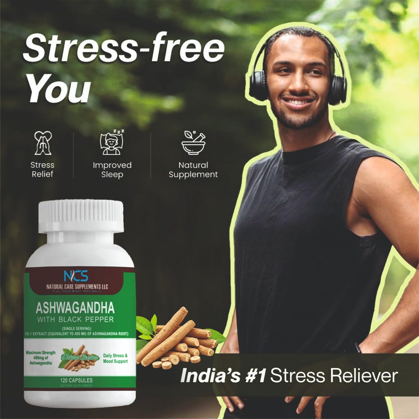 Natural Care Supplements Ashwagandha 450mg – Herbal Supplement with Black Pepper Capsules, 120 Count