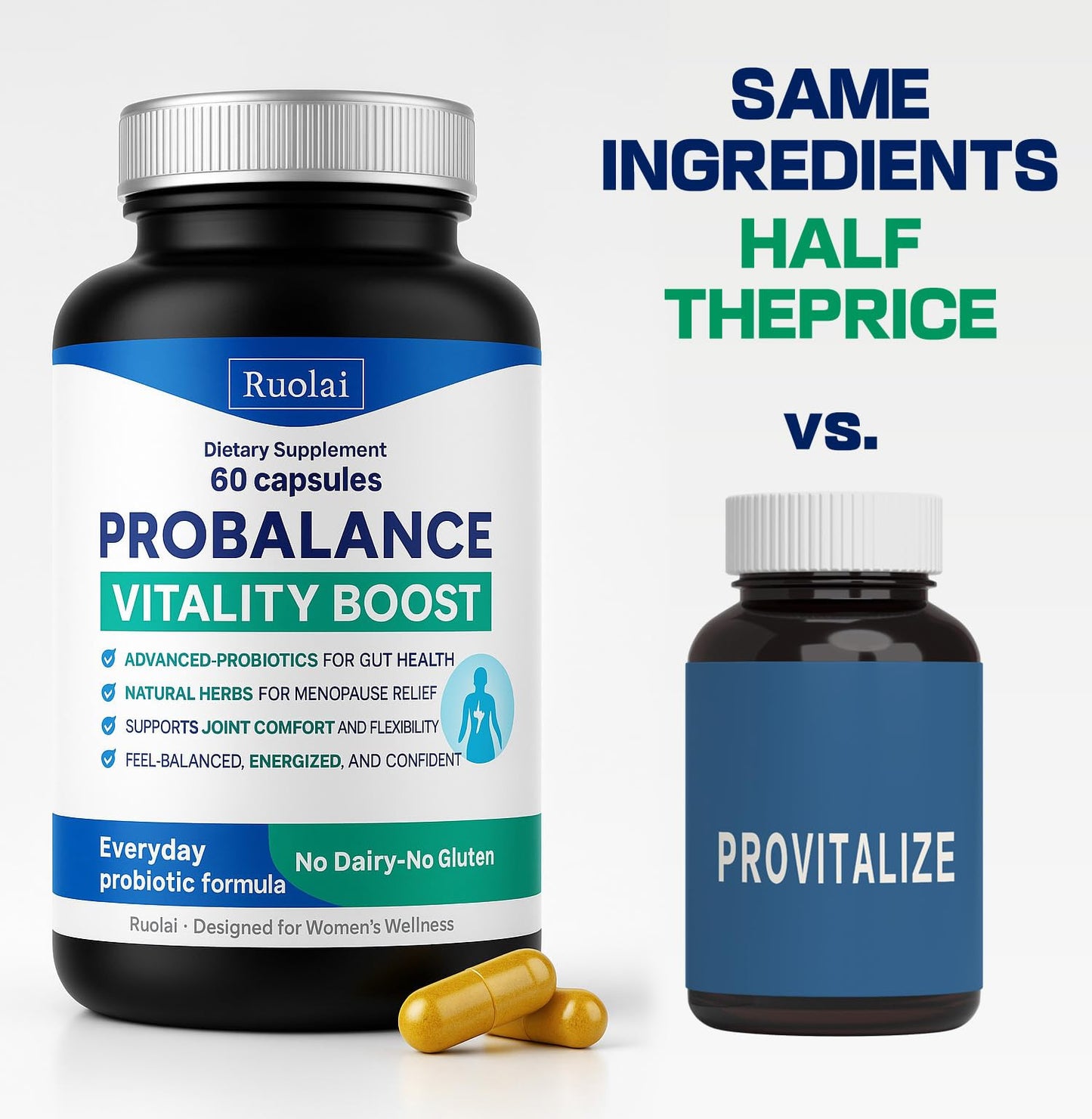 Ruolai ProBalance Probiotics for Women 68B CFU – Menopause, Bloat & Belly Support – Turmeric & Moringa – Digestive & Joint Health Capsules, 60 Count