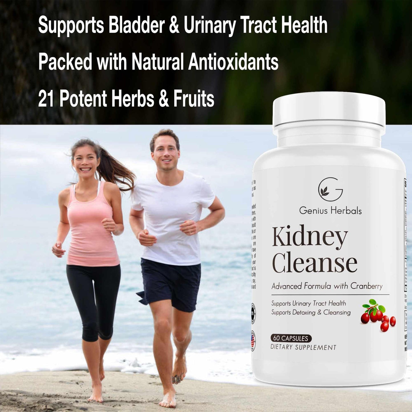 GENIUS HERBALS Kidney Cleanse Advanced Formula with Cranberry Extract, Kidney, Urinary Tract & Bladder Detox and Cleanse, 60 Capsules