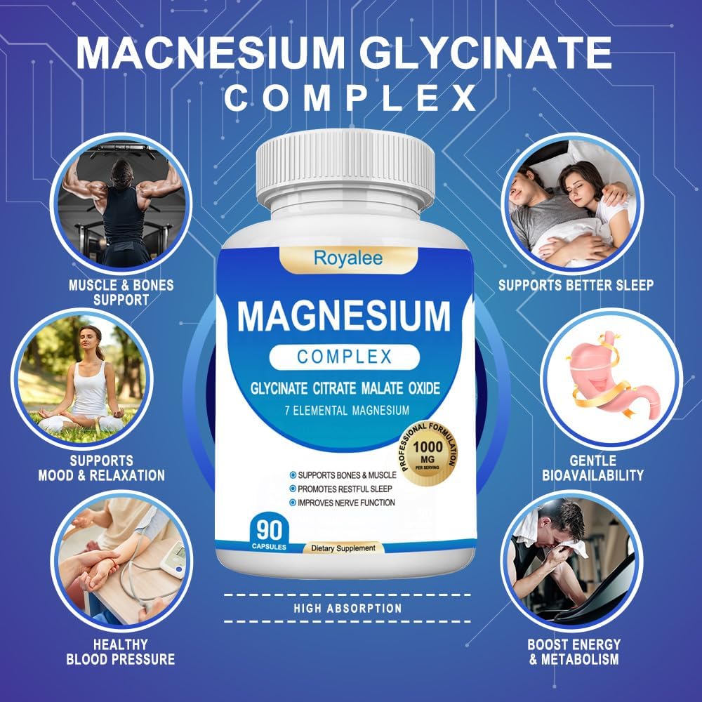 Royalee Magnesium Complex Supplement 1000mg with 7 Magnesium Forms Including Glycinate, Citrate, Malate, Taurate & Orotate Capsule, 90 Capsules