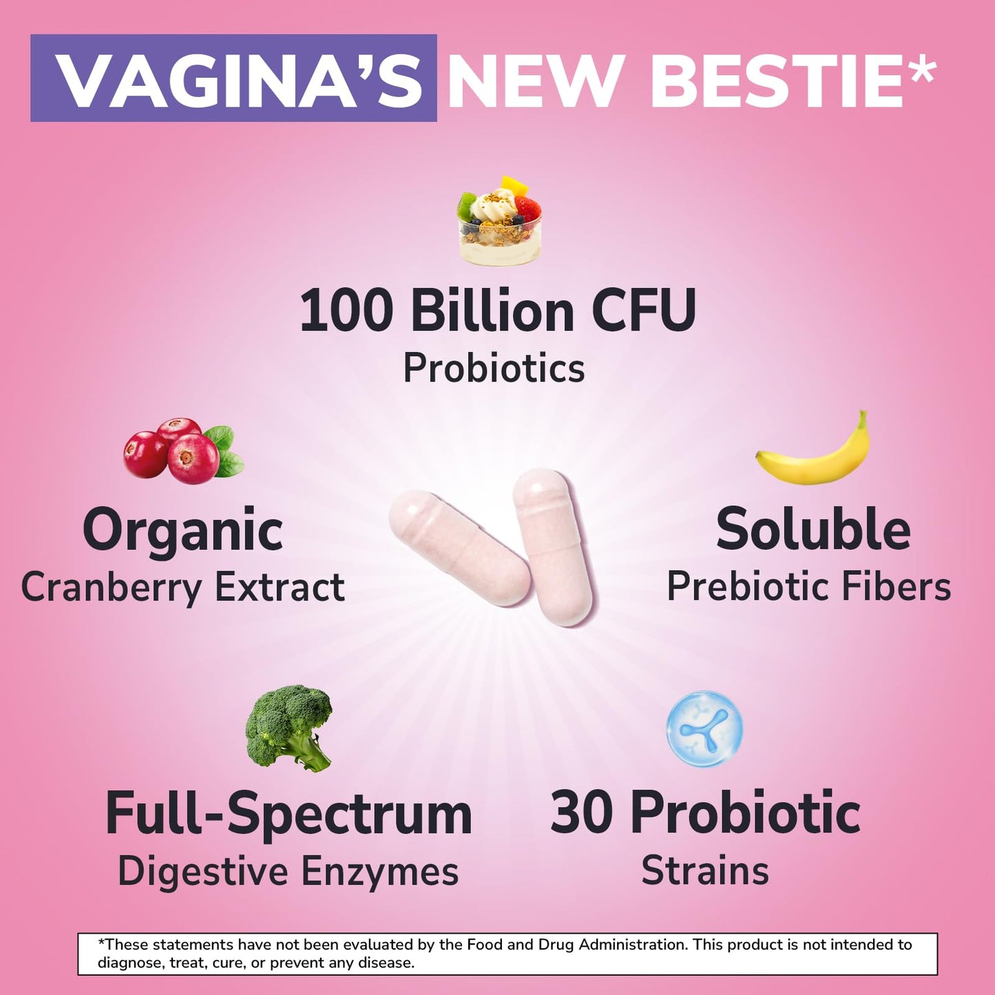 Vitalibre Probiotics for Women 30 Strains, 100 Billion CFU Vaginal Probiotics with Digestive Enzymes, Prebiotics & Cranberry for Urinary Tract Health, pH Balance, 30 Capsules
