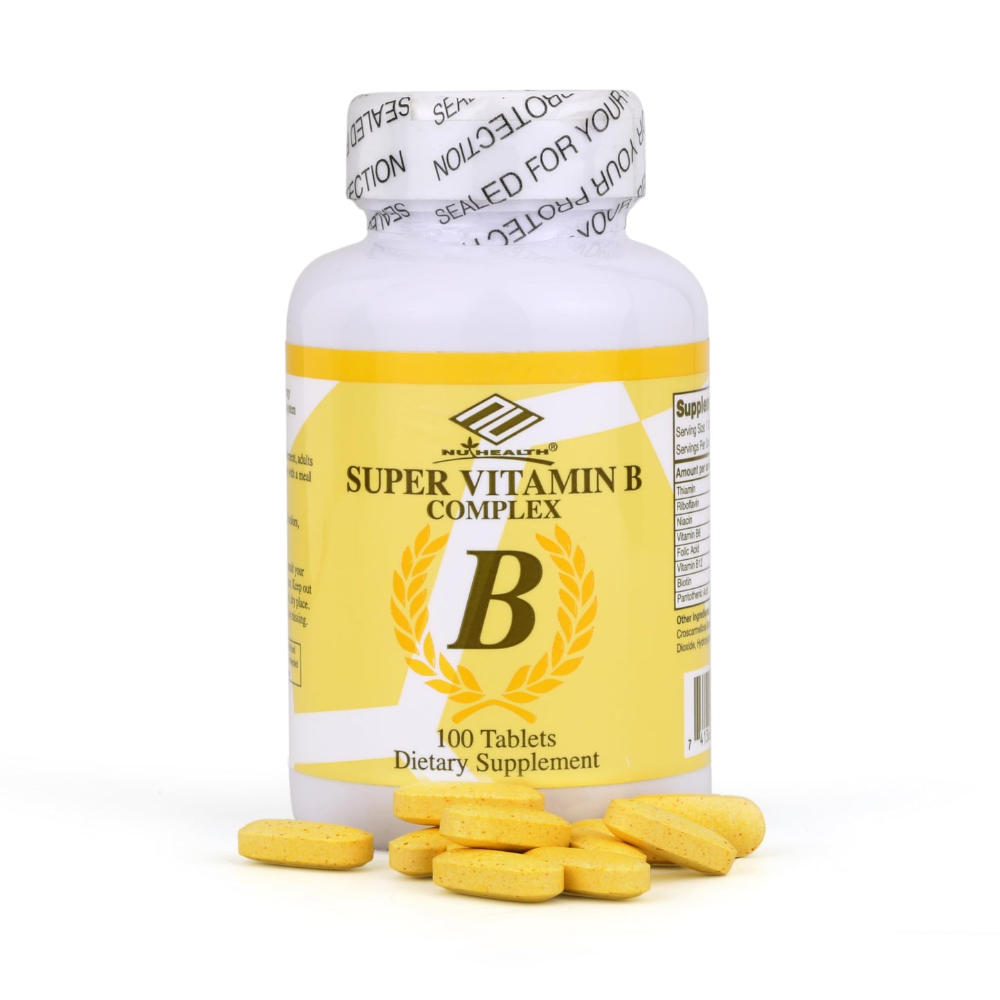 Nu-Health Super Vitamin B Complex, B12, B6 & Folic Acid Tablets, 100 Count