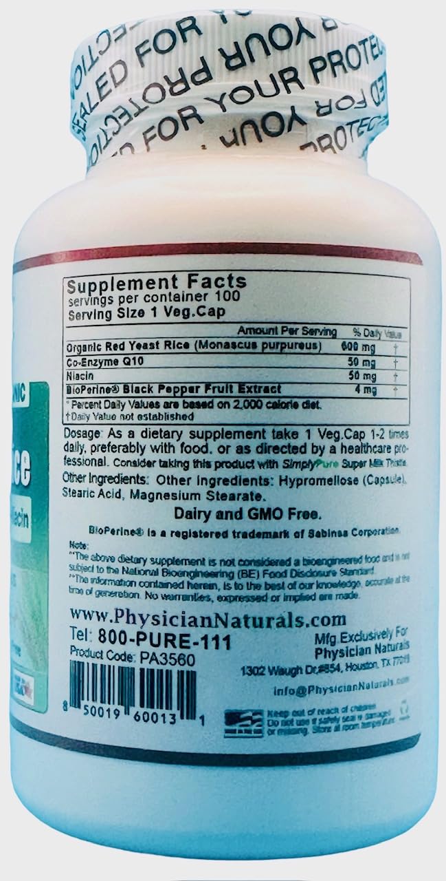 Physician Naturals Organic Red Yeast Rice with CoQ10 and Piperine 600 mg High Absorption, 100 Capsules