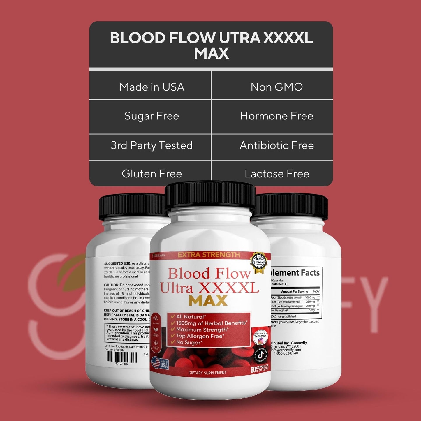 GREENVIFY Blood Flow Ultra XXXL Max Extra Strength Maca Root Complex 60 Capsules