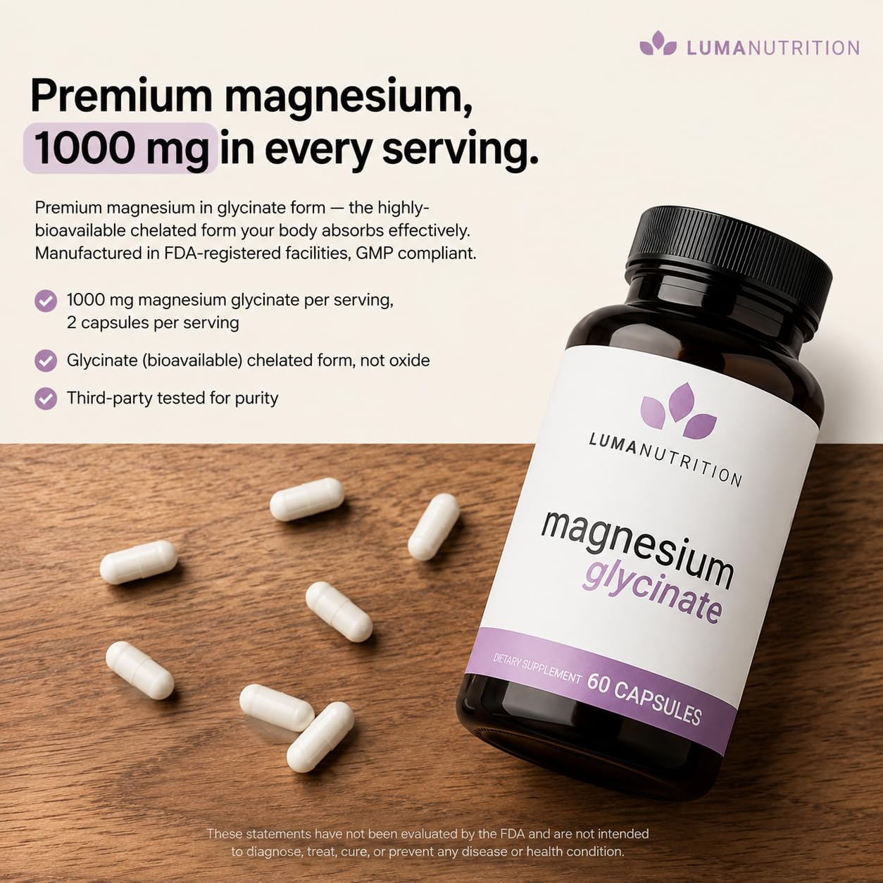 Luma Nutrition Magnesium Glycinate 1000mg Capsule, 60 Count