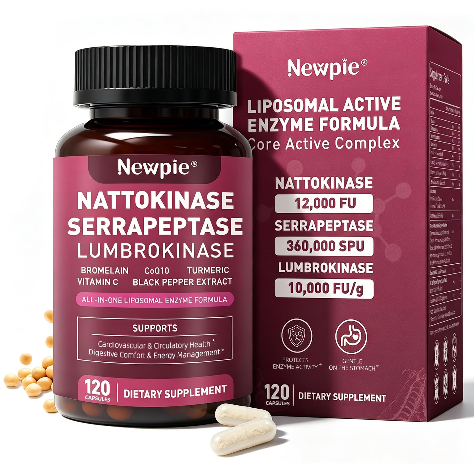 Blltzzz Nattokinase Supplement 12,000 FU Systemic Enzymes Complex with Serrapeptase, Lumbrokinase & CoQ10, 120 Capsules