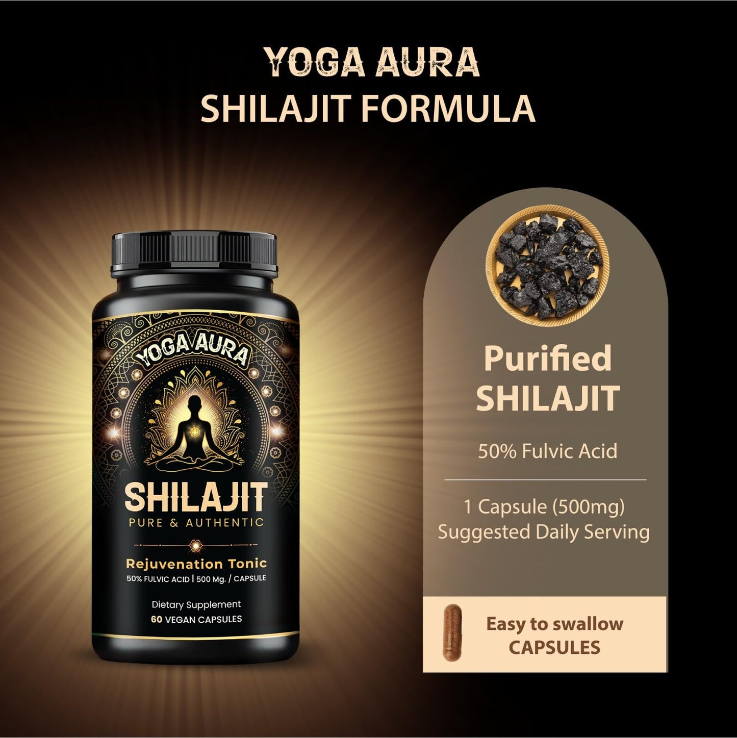 YOGA AURA Shilajit Resin Extract 500mg Capsules, 60 Count