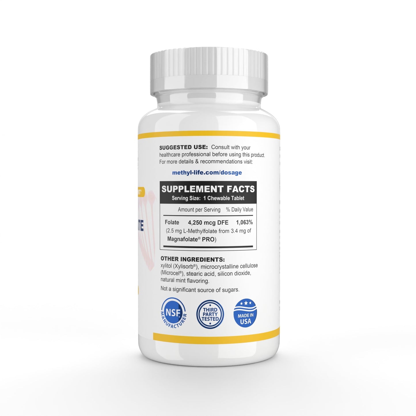 Methyl-Life L-Methylfolate 2.5 mg Chewable Active Folate Tablets (L-5-MTHF) – 90 Count