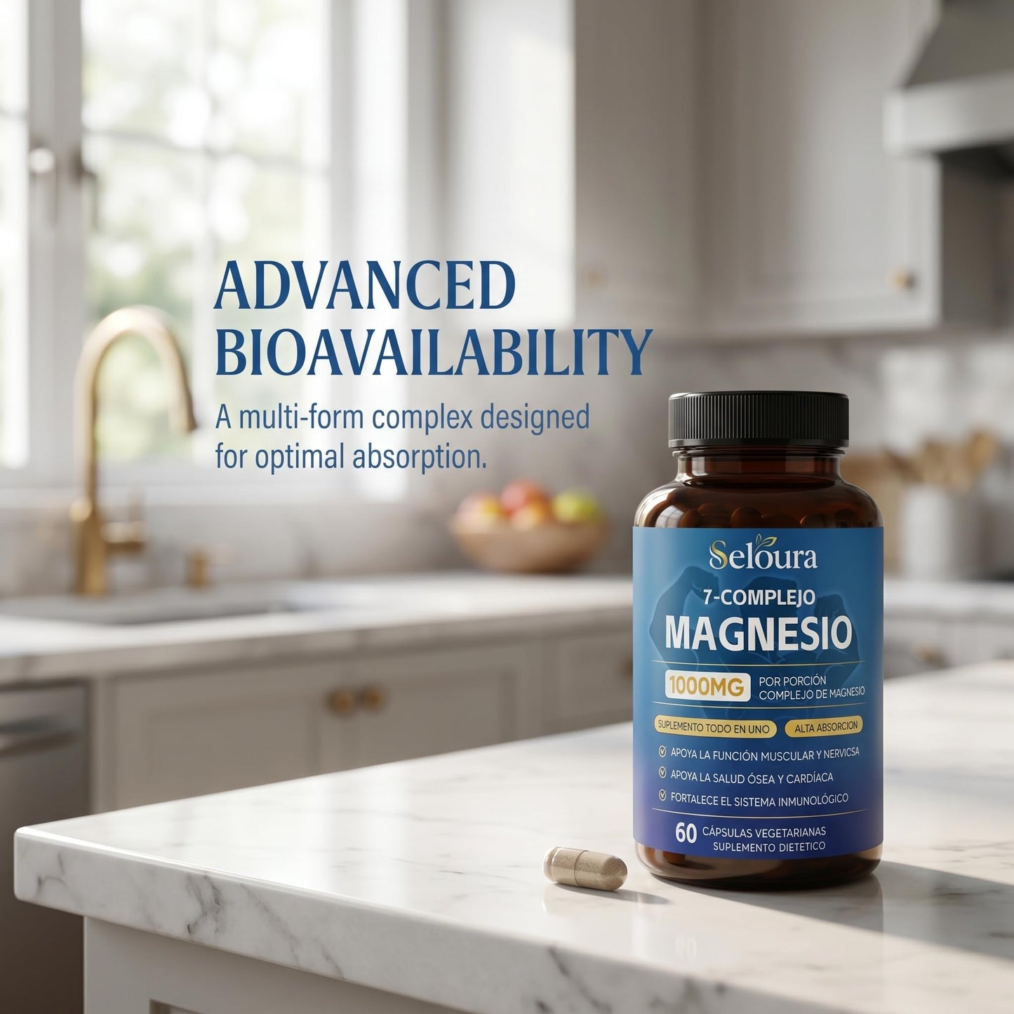 Awtse Seloura Magnesio 7 Complejo Magnesium Glycinate Malate Taurate Blend for Muscle Function and Daily Energy Support, Bioavailable Mineral Formula, 60 Capsules