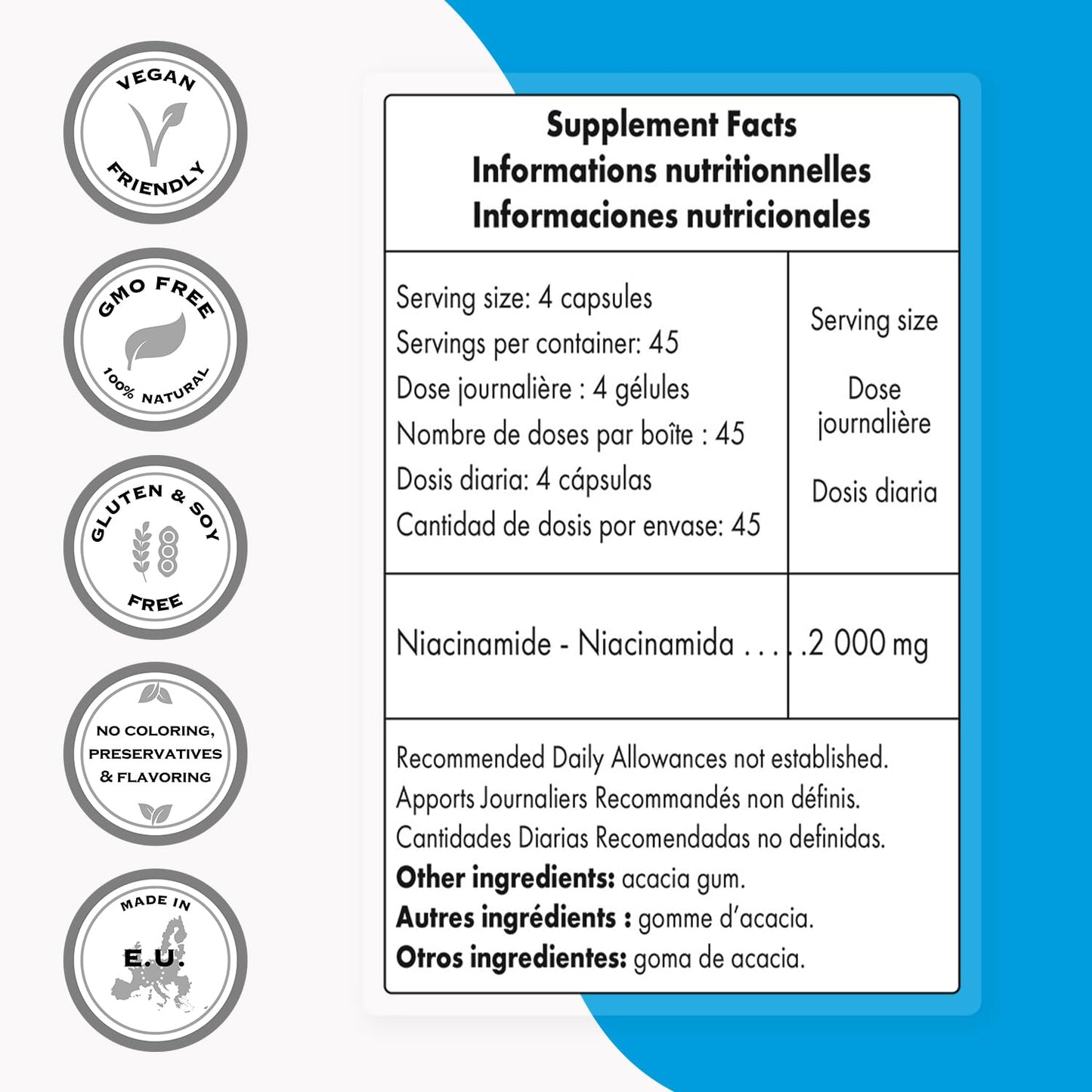 Supersmart Niacinamide Supplement 2000mg per Day (Nicotinamide) Flush Free Vitamin B3 Niacin, Capsule, 180