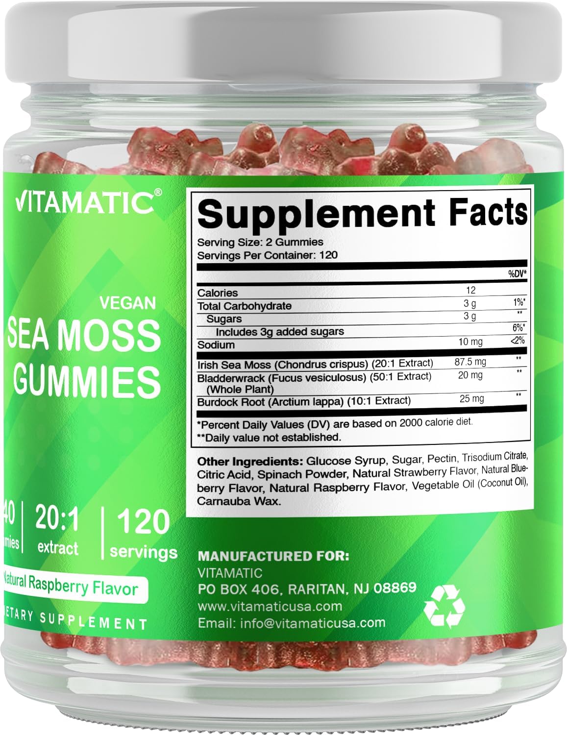 Vitamatic Irish Sea Moss & Bladderwrack Gummies with Burdock Root – Plant-Based Extract – Vegan, Non-GMO, Gluten-Free – Botanical Supplement, 240 Gummies