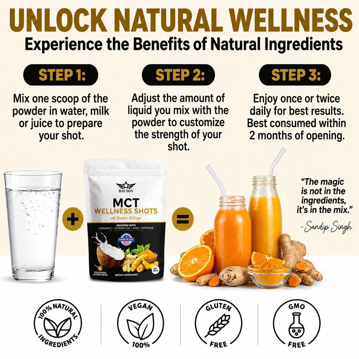 DAUSON MCT Shots Boosted with Turmeric, Ginger, Vitamin C, D3, Zinc, Piperine & Prebiotic Fiber Powder 3.53 oz