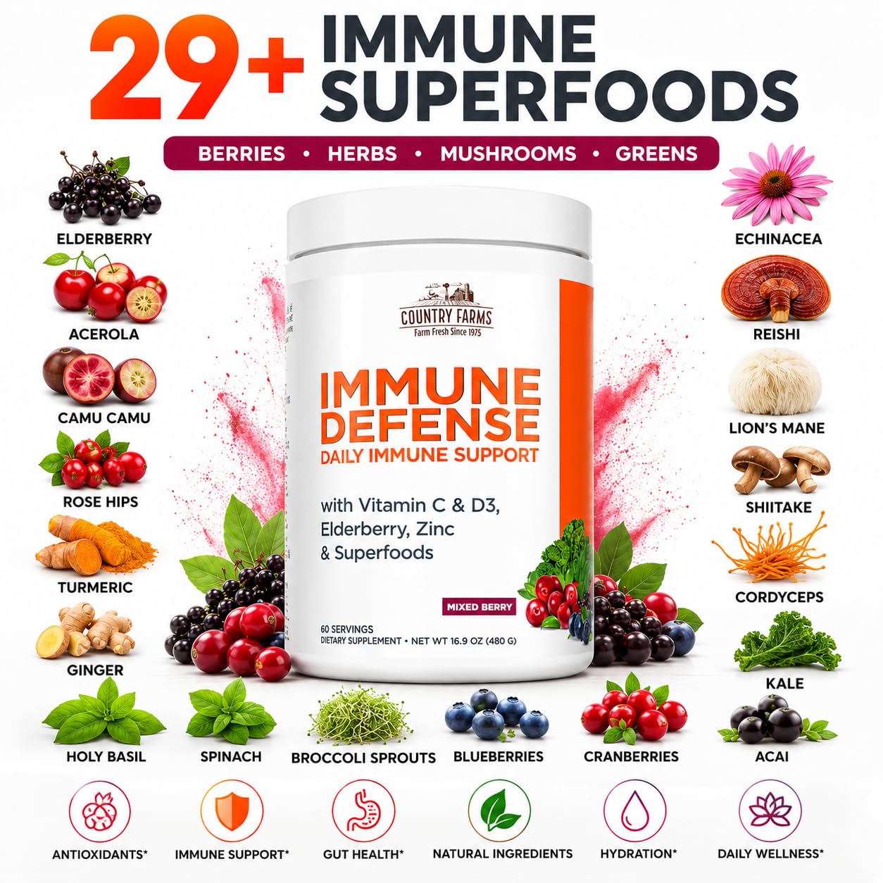 Country Farms Immune Defense Superfoods Immune Support Supplement Vitamin C with Black Elderberry Echinacea Turmeric Supports Hydration with Probiotics and Prebiotics Berry Flavor Powder 16.93 oz