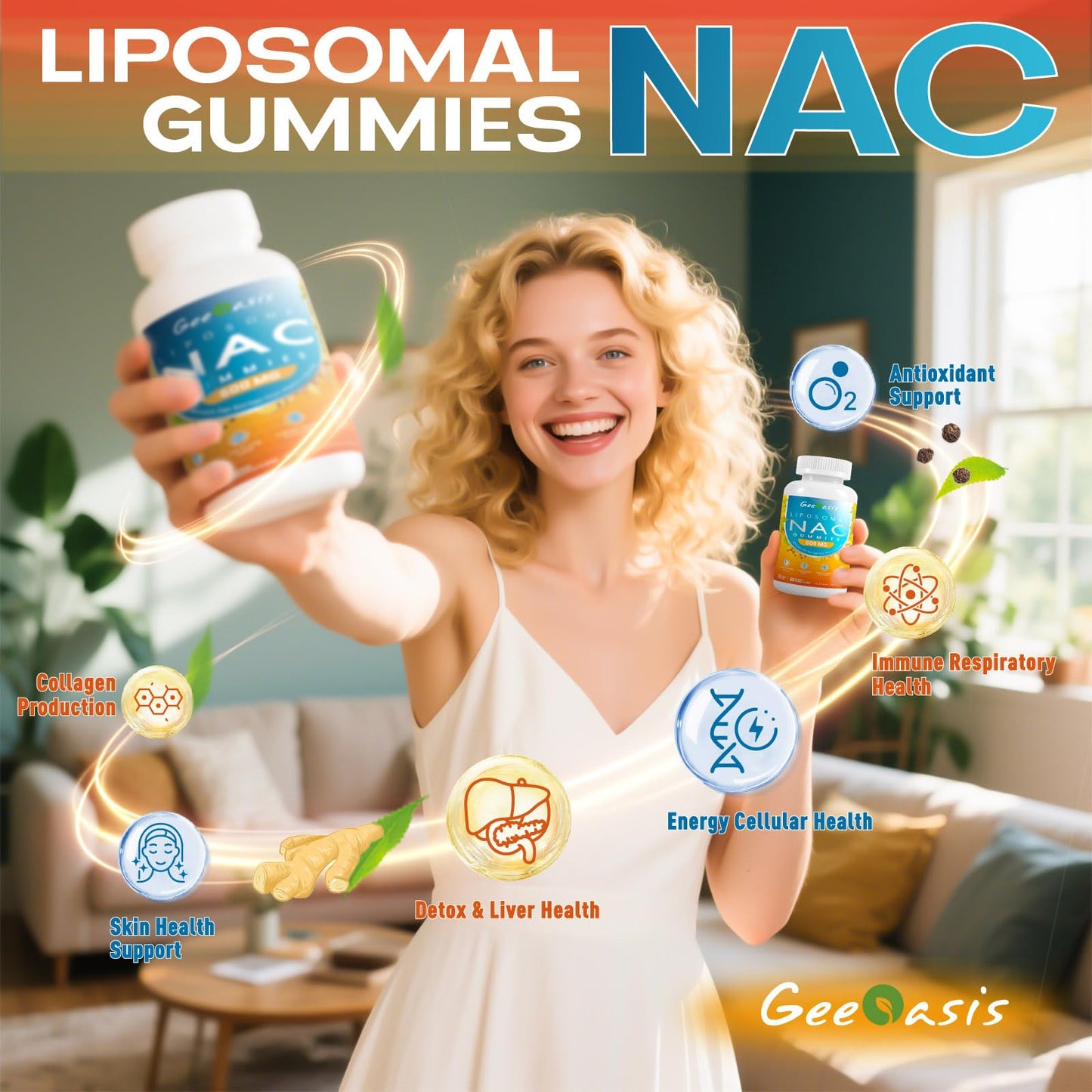 Geeoasis Liposomal NAC Gummies 600mg N-Acetyl Cysteine, Pineapple Flavor, Sugar-Free, Immune & Liver & Lung Support, with Turmeric, Ginger & Black Pepper, 60 Gummies