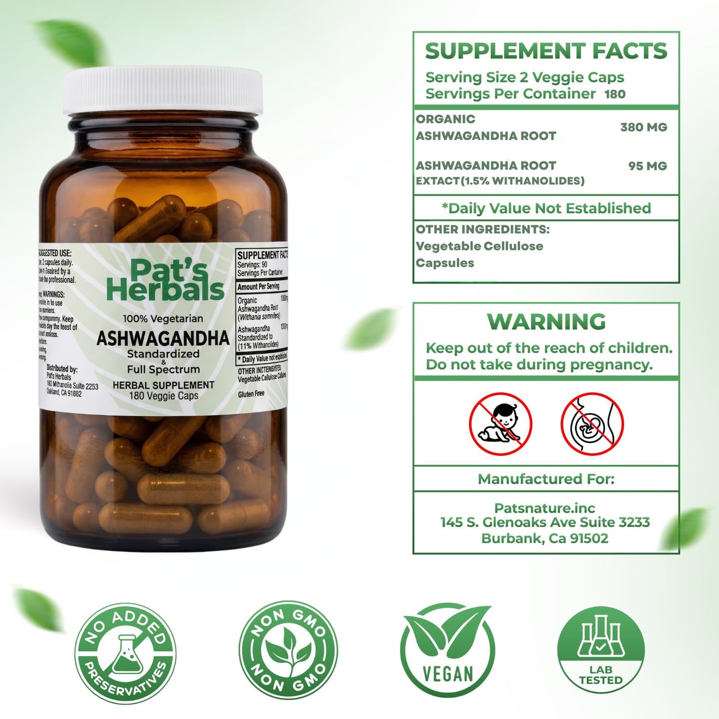 Pat's Herbals Ashwagandha 180 Count Capsules