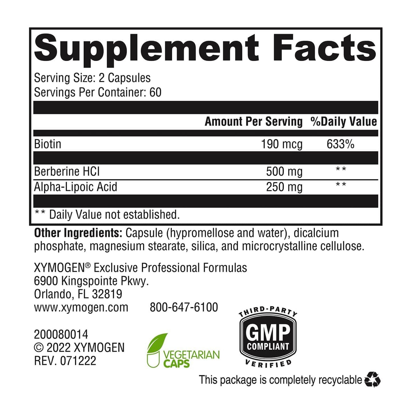 XYMOGEN ALAmax Protect Berberine HCl & ALA Complex 120 Capsules